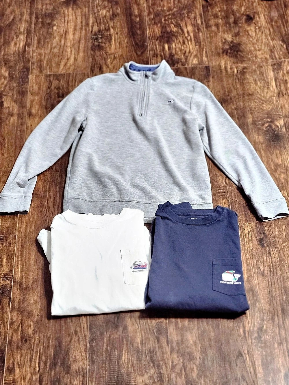 Vineyard Vines Boys Large Lot Gray Pima Cotton Quarter Zip + 2 Graphic LS Tees